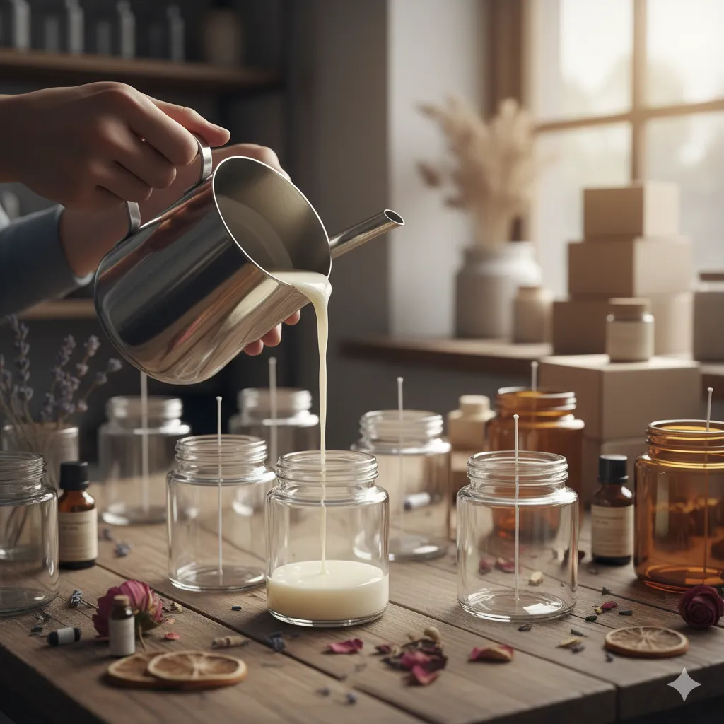 Pouring wax into candle containers